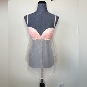Victoria Secret 2010s Pink Lace Babydoll Lingerie Coquette Size Small 34C